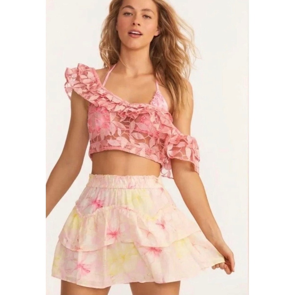LoveShackFancy Abrielle Light Berry Tea Floral Tier Ruffle Mini Skirt Smock Wst